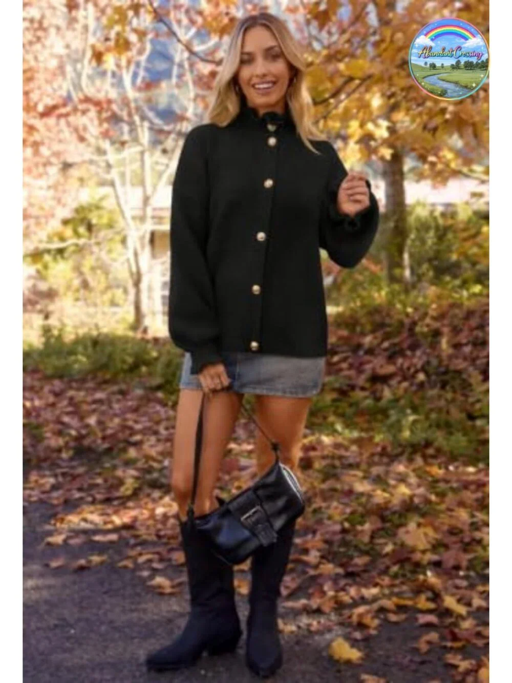 Chunky Knit Cardigan Sweater Ruffle Mock Neck Button Down Fall Winter
